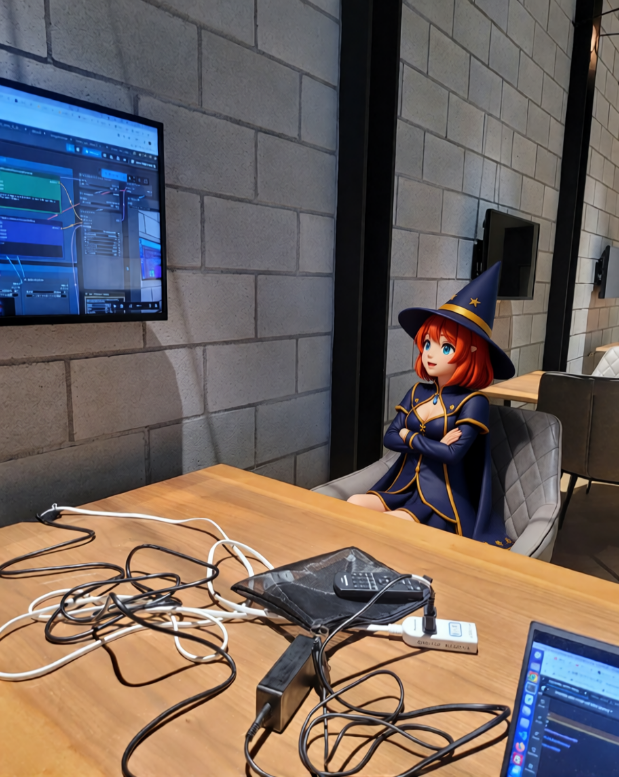 ディスプレーと机のある生成原論の会場